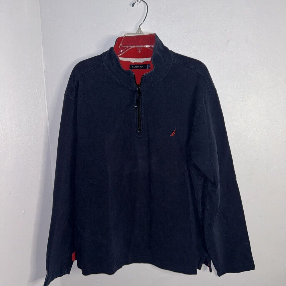 Nautica Mens Fleece Long‎ Sleeve 1/4 Zip Sweatshirt Navy Blue Pockets Large L